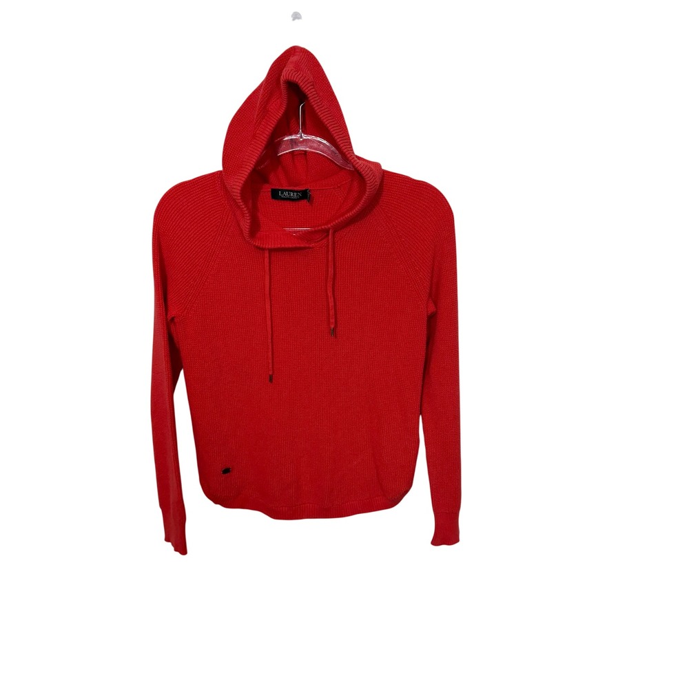 Lauren Ralph Lauren Hooded Sweater Womens Small Red Waffle Knit Cotton Pullover